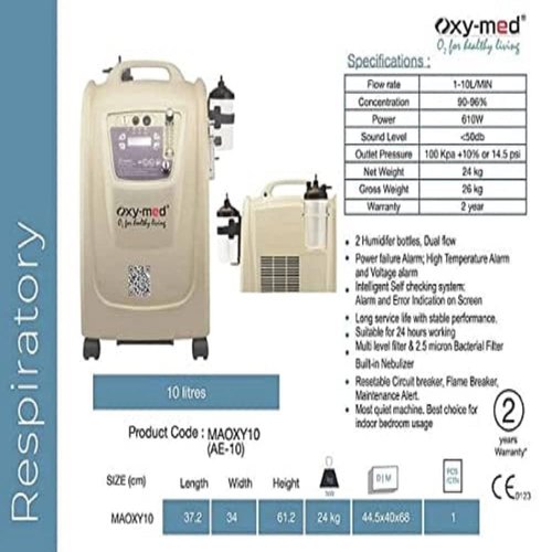 OXY-MED 10 LITRE Oxygen Concentrator Machine with dual outlet and 2 Years Warranty