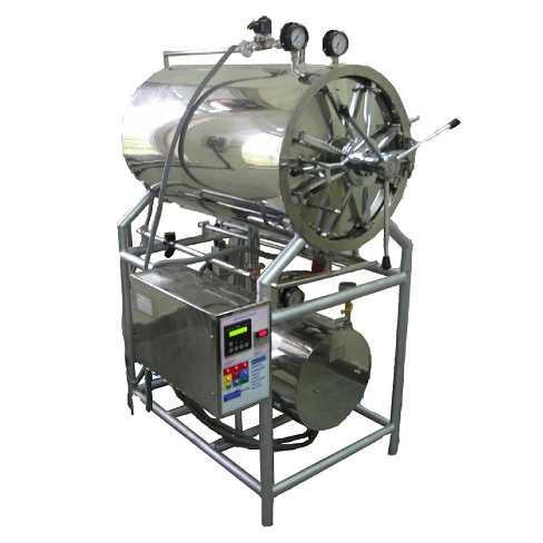 ACE 107A HORIZONTAL CYLINDRICAL AUTOCLAVE WITH TUBULAR STAND & RING ARE MADE OF STAINLESS STEEL